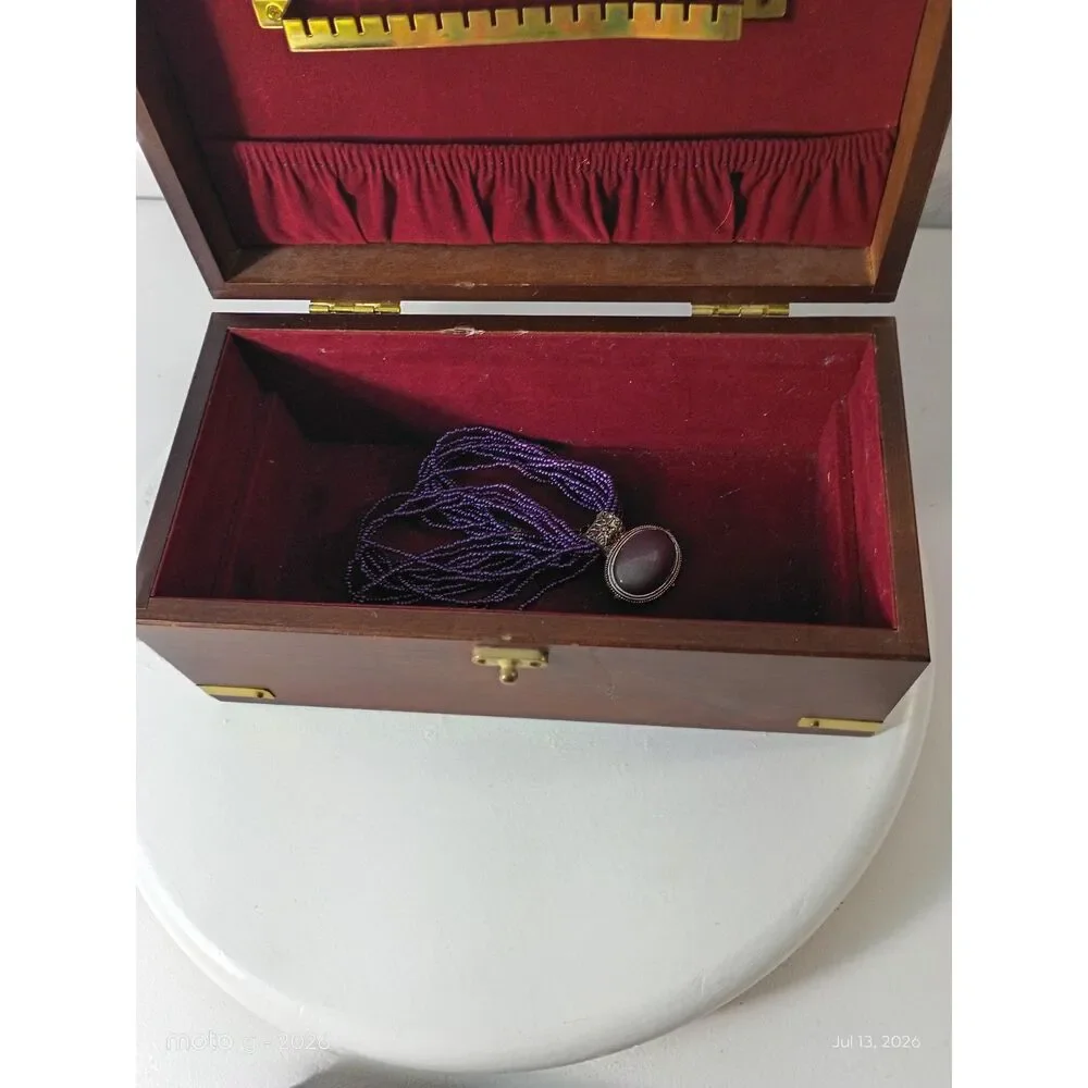 Vintage Wood Jewelry Chest Removable Tray Red Velvet Lining Brass Hardware